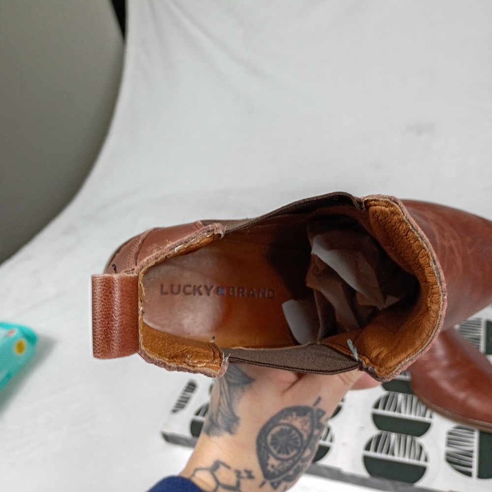 Lucky Brand Basel Brown Leather Chelsea Ankle Boots Women Point Toe Stacked Heel - Picture 7 of 9